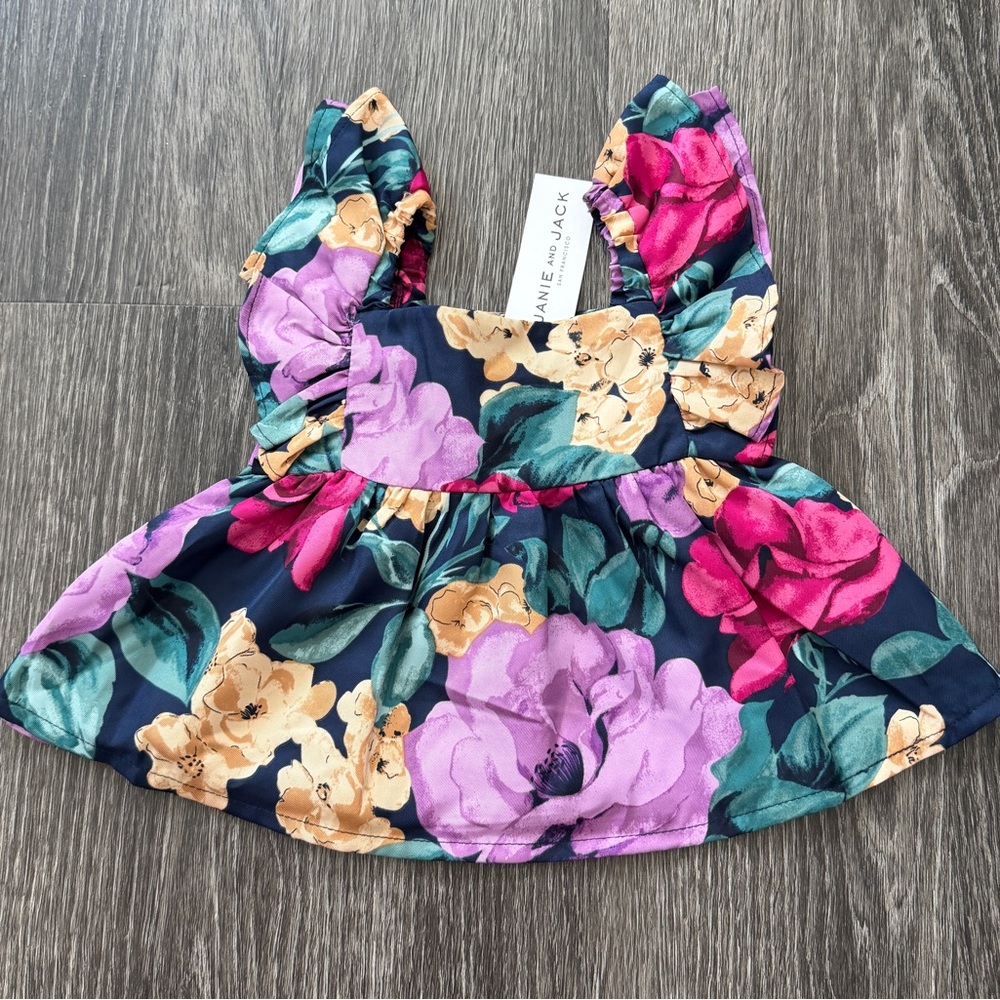 Janie and Jack Floral Ruffle Top in Pink and Navy
